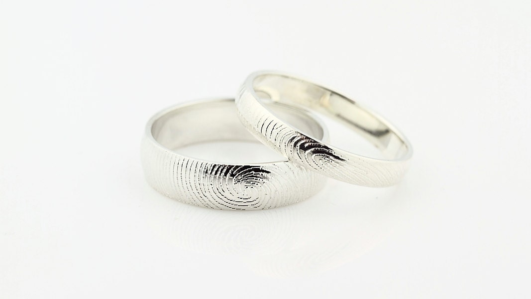 Custom Fingerprint Ring set - Sterling Silver Custom Wedding or Commitment Band -non blackened,6mm,4mm