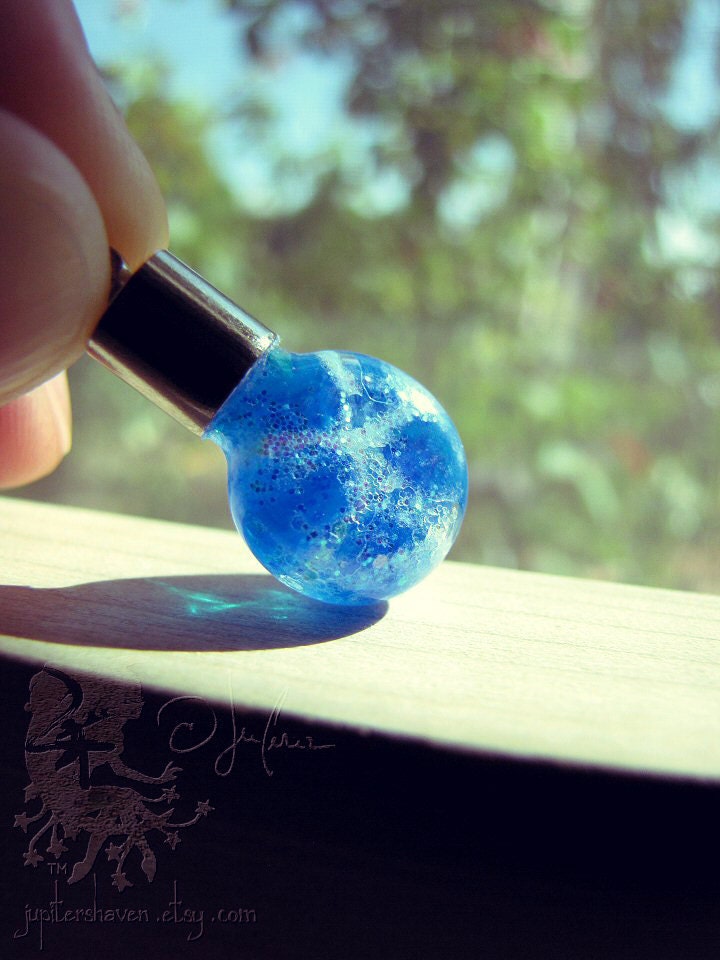 Glass Bottle Vial Necklace - Cerulean Ocean Blue White Glitter Miniature Bottle Fantasy Sci Fi Inspired  - Dragon Eggs - 164