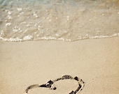 Heart Print, Heart in Sand, Beach Decor, Love Romance Romantic Wedding Anniversary, Beige Blue Teal, Ocean Art Nautical.