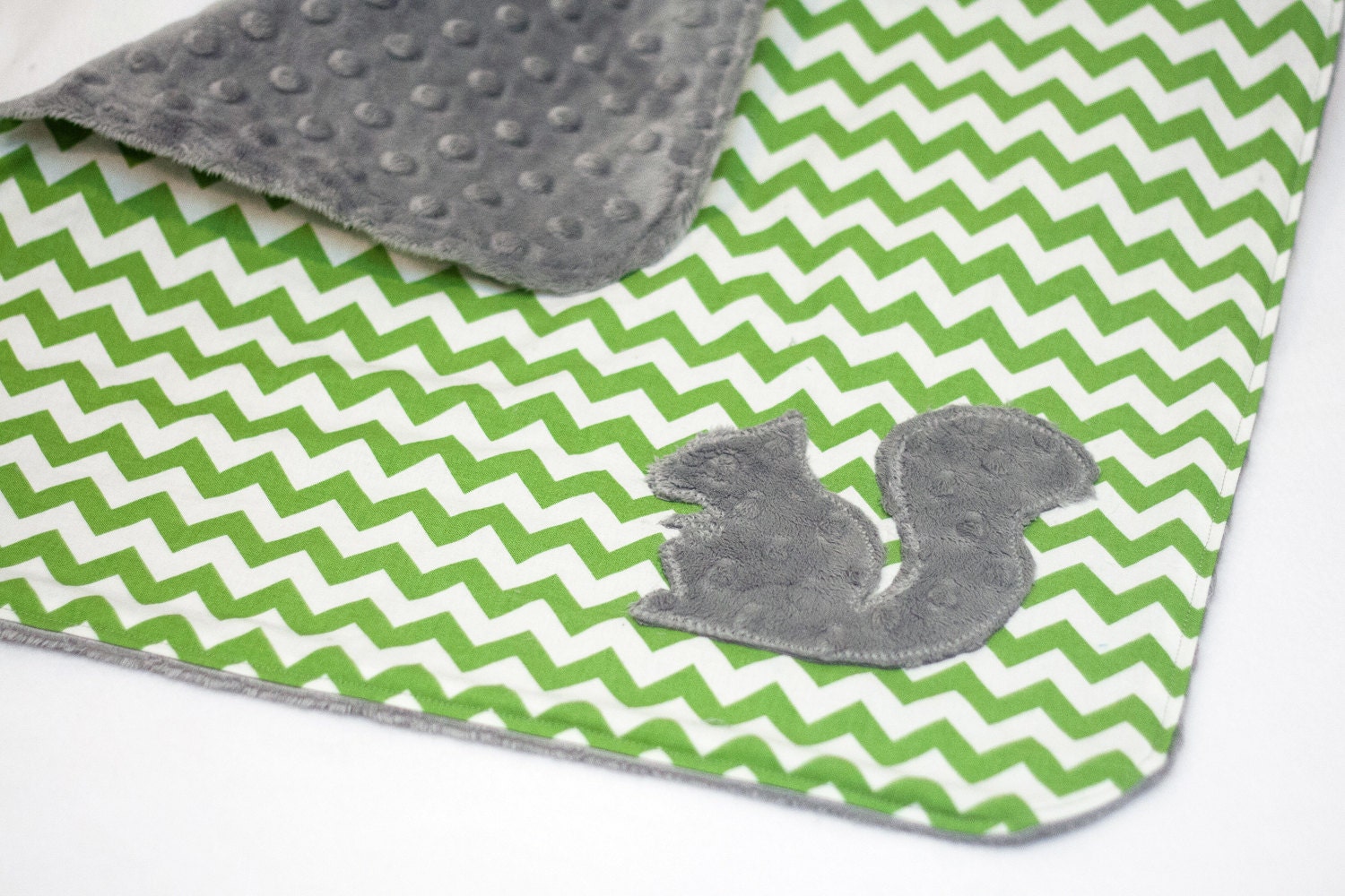 Squirrel Car Seat Security Blanket Green Chevron and Grey Minky