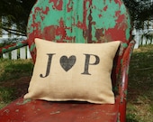 Custom Stenciled Initials with Heart Burlap Pillow- Wedding- Engagement - Anniversary- Insert Included