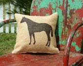 Handmade Stenciled Quarter Horse Silhouette Burlap Pillow-Insert Included