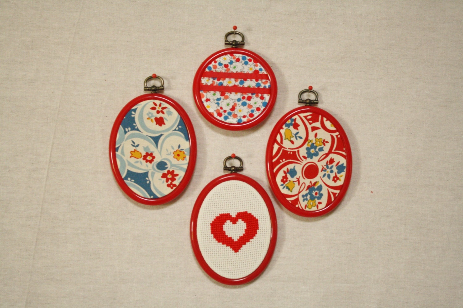Group of four embroidery hoops, red heart cross stitch, wall art, home decor, valentine, red hoop art
