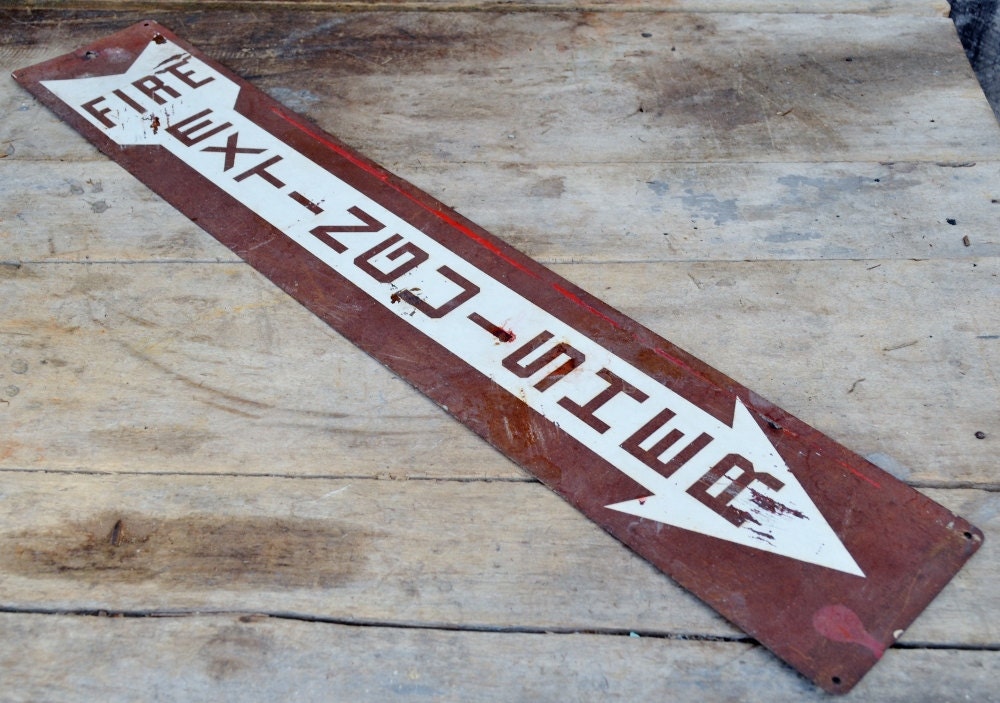Fire Extinguisher Arrow Sign Metal Tin Red White Vintage Industrial Safety Man Room Garage Chippy Paint