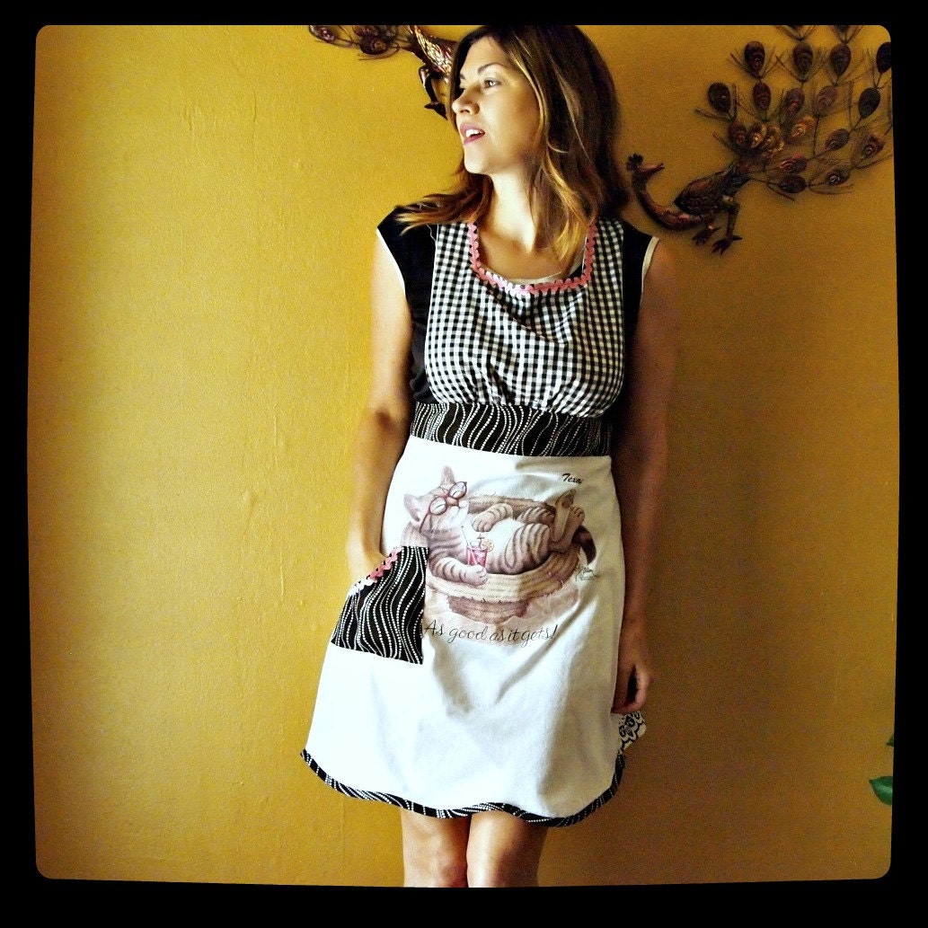 cat apron retro apron gingham full womens aprons bib apron handmade reconstructed cat shirt kitsch apron