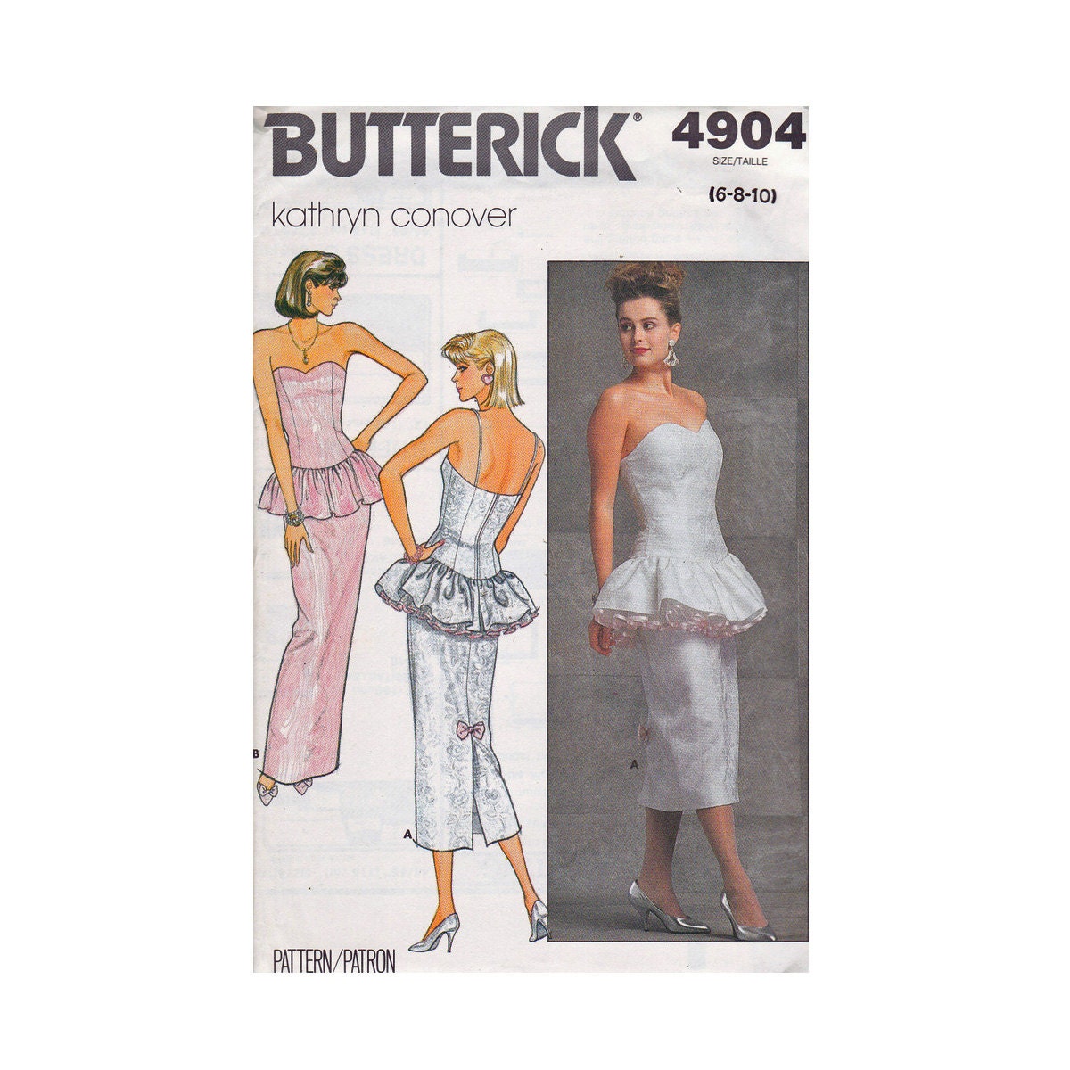 Kathryn Conover Butterick 4904 Sizes 6 8 10 Uncut sewing pattern dropped waist boned bodice strapless dress formal event peplum from 1987