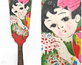 Traditional Japanese Hagoita Toy with Hand Painted Pretty Girl. Bat / Paddle / Racket /  Wood / Toy (Ref: 277)