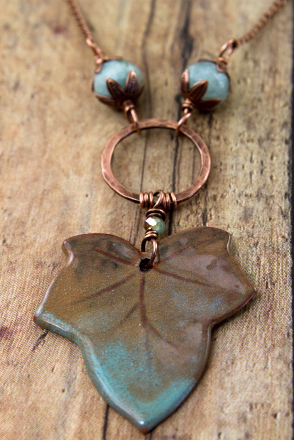 Enameled metal ivy leaf-aquamarine beads-Copper chain