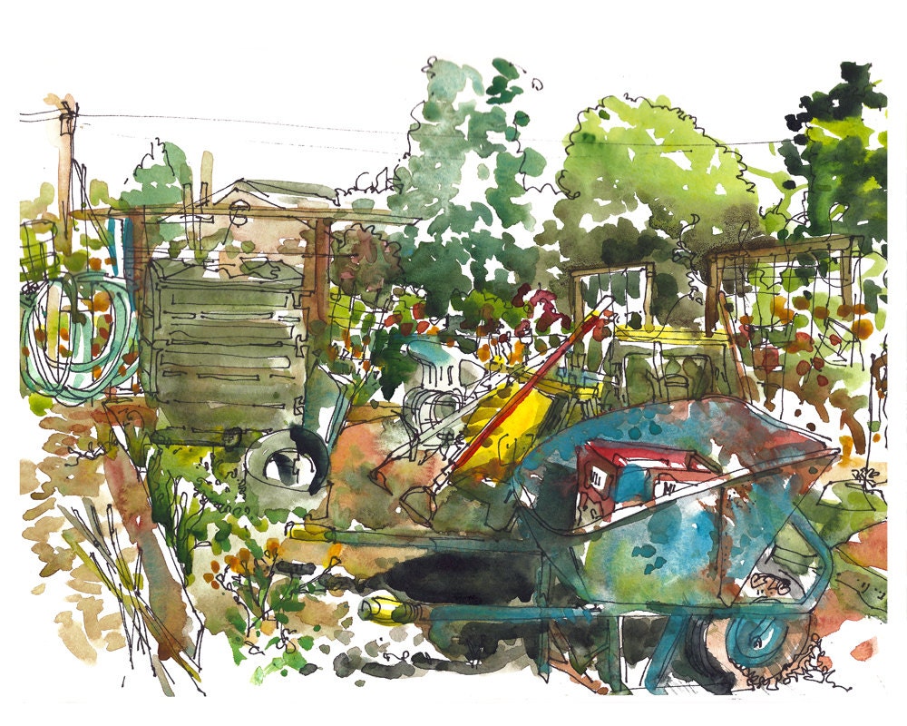 Garden tools and Organic Gardening at a community garden - 8x10 print from an original watercolor sketch
