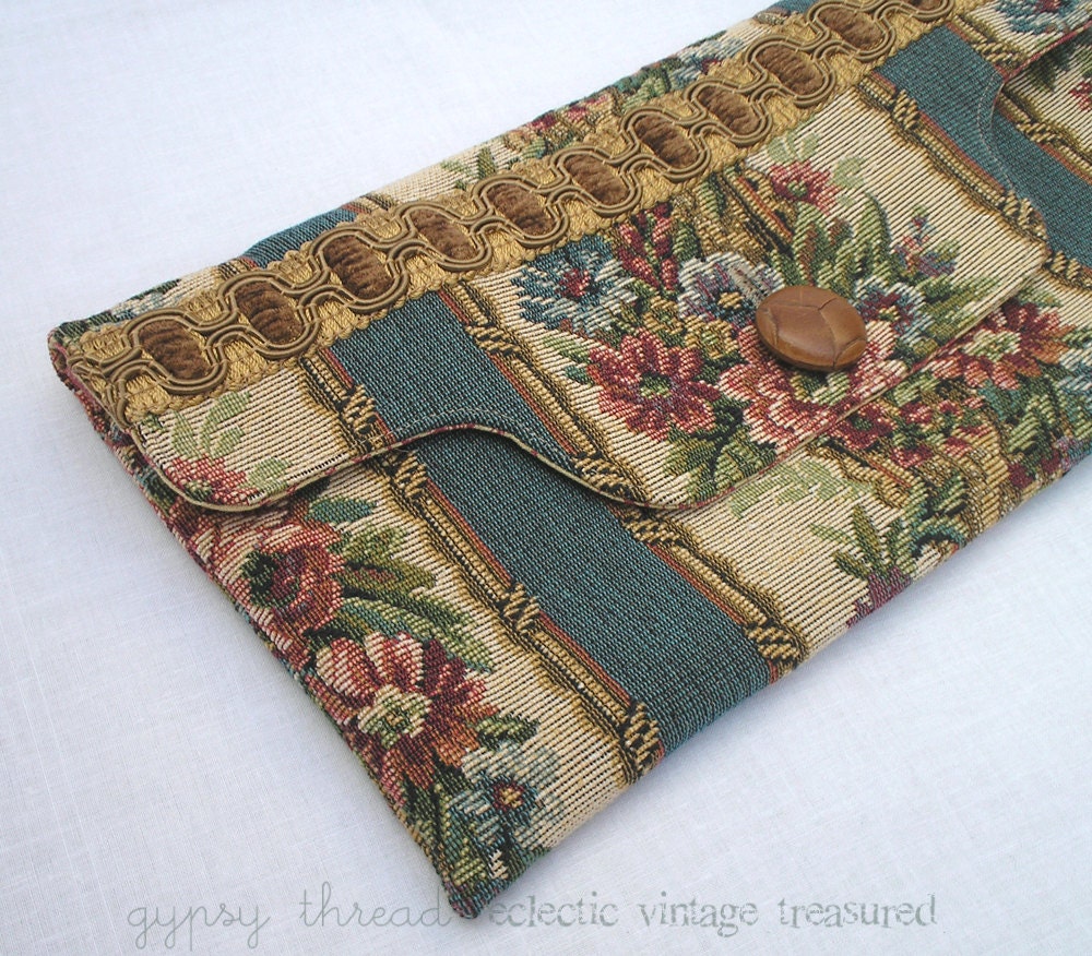 Country Floral Clutch, Dusty Blue Accent Stripes, Vintage Materials, Leather Button