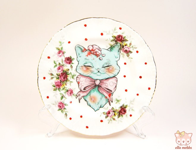 Vintage Butter Plate with a 'See No Evil' Cat Illustration