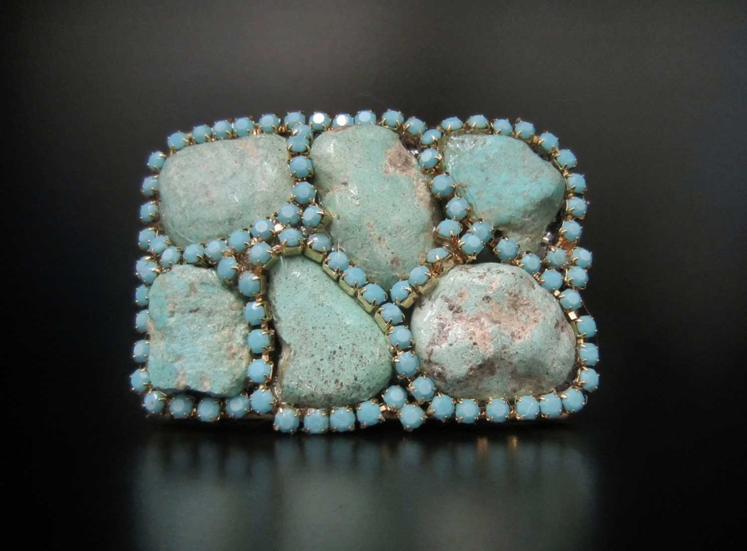 Turquoise  Buckle - Belt  Buckle with Large Turquoise Stones & Rhinestones by Sharona Nissan