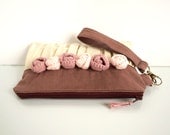 Cream and Plum Shabby Chic Zipper Pouch Clutch with Pink Roses
