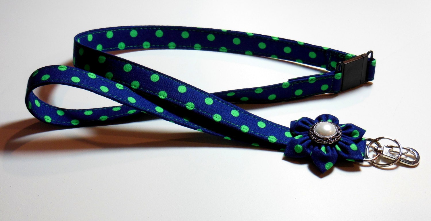 Breakaway Lanyard Fabric Lanyard Teacher Lanyard Navy With Kelly Green Polka Dots