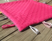 Tag Blanket in Pink and Grey, Baby Girl Ribbon Blanky, Sensory Blanket in Dark Pink and Gray