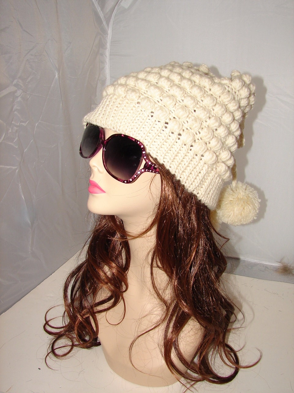 CHS-9 Crochet Oversized Long Slouchy Beanie Textured Cream White Hat Pure 100% virgin wool with lanolin