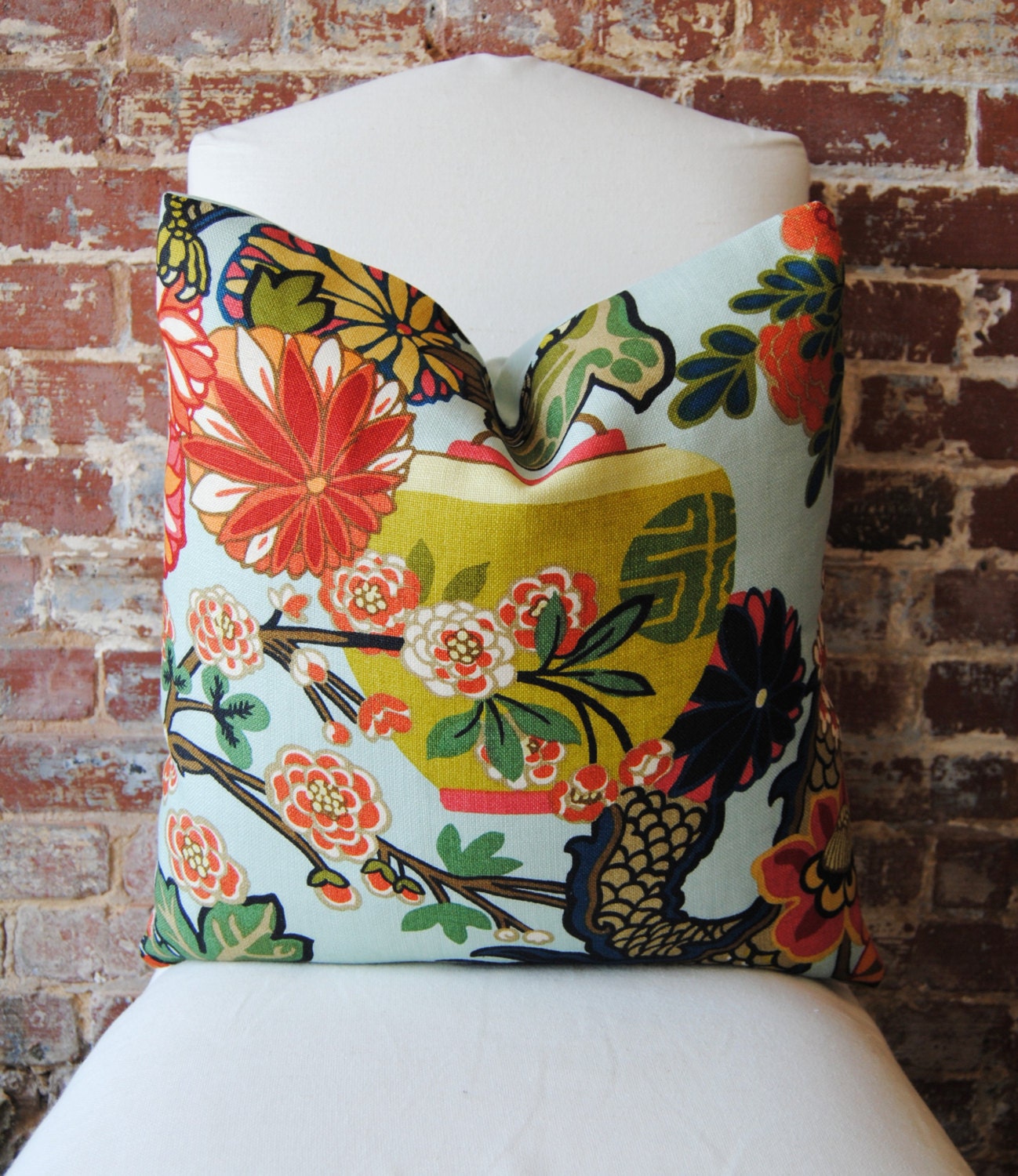 Chiang Mai Dragon - Aquamarine - Schumacher - Pattern placement No.1 - Pillow Cover - 20 in square - Designer Pillow - Decorative Pillow