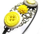 Yellow headband - filigree headband, vintage buttons - bright yellow, neon, grey - flower, chrysanthemum - metal headband