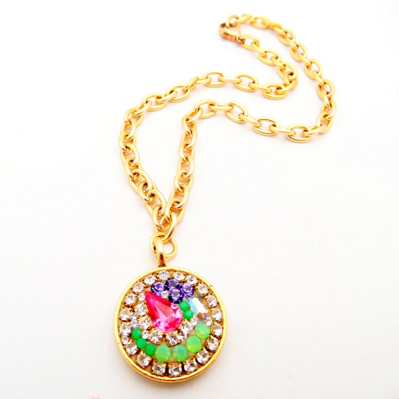 Statement Necklace, Swarovski Crystal Necklace, Colorful Pendant, Gold Shiny Chain Necklace
