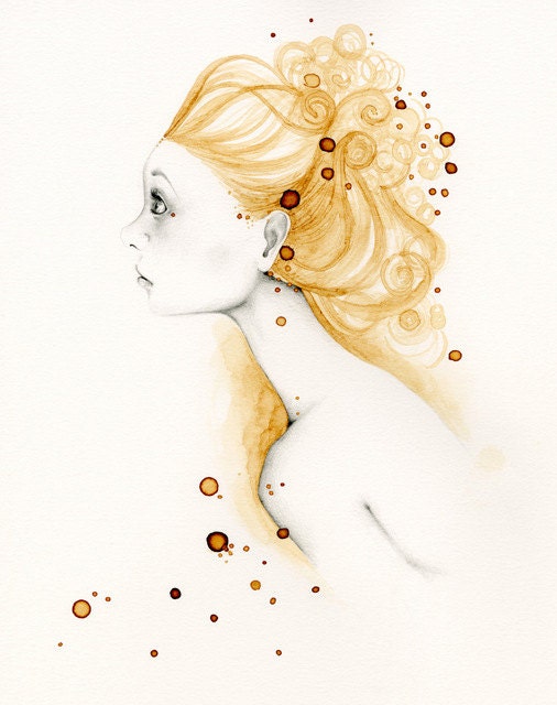 Pencil Drawing "Reflections" Fantasy Illustration / Drawing 11 x 14 an Original Pencil Drawing w/ Coffee Staining