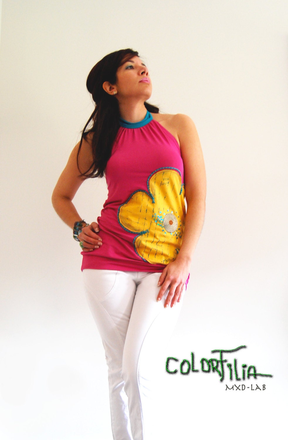 Pink, Sexy, Halter top, Yellow fabric flower appliqué- Handpainted blouse- MXD-lab