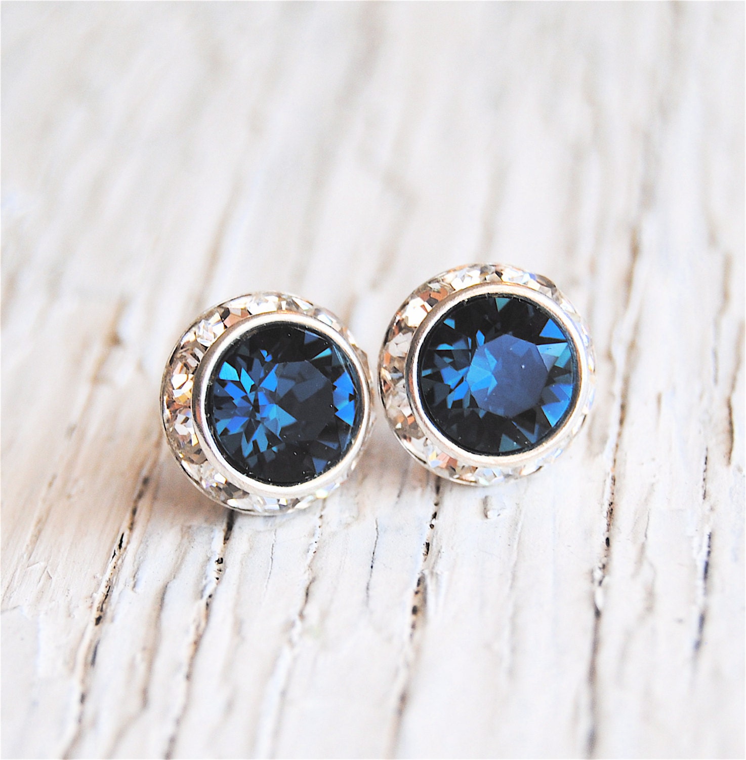 Navy Earrings - Nautical Wedding - Swarovski Crystal Navy Blue Diamond Rhinestone Stud Earrings - Sugar Sparklers Small