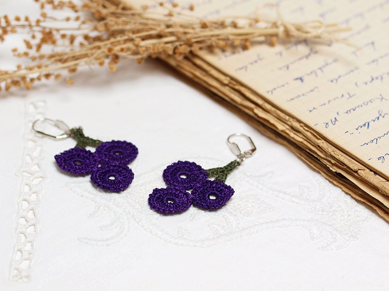 Crochet Purple Grape Dangle Earrings Varnished Hippie Boho Gypsy Style Jewelry Geometric Wine Circle