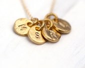 Personalized Gold Monogram Necklace / Four Initials Hand Stamped Gold Coin Discs Charm Necklace / Mothers Necklace