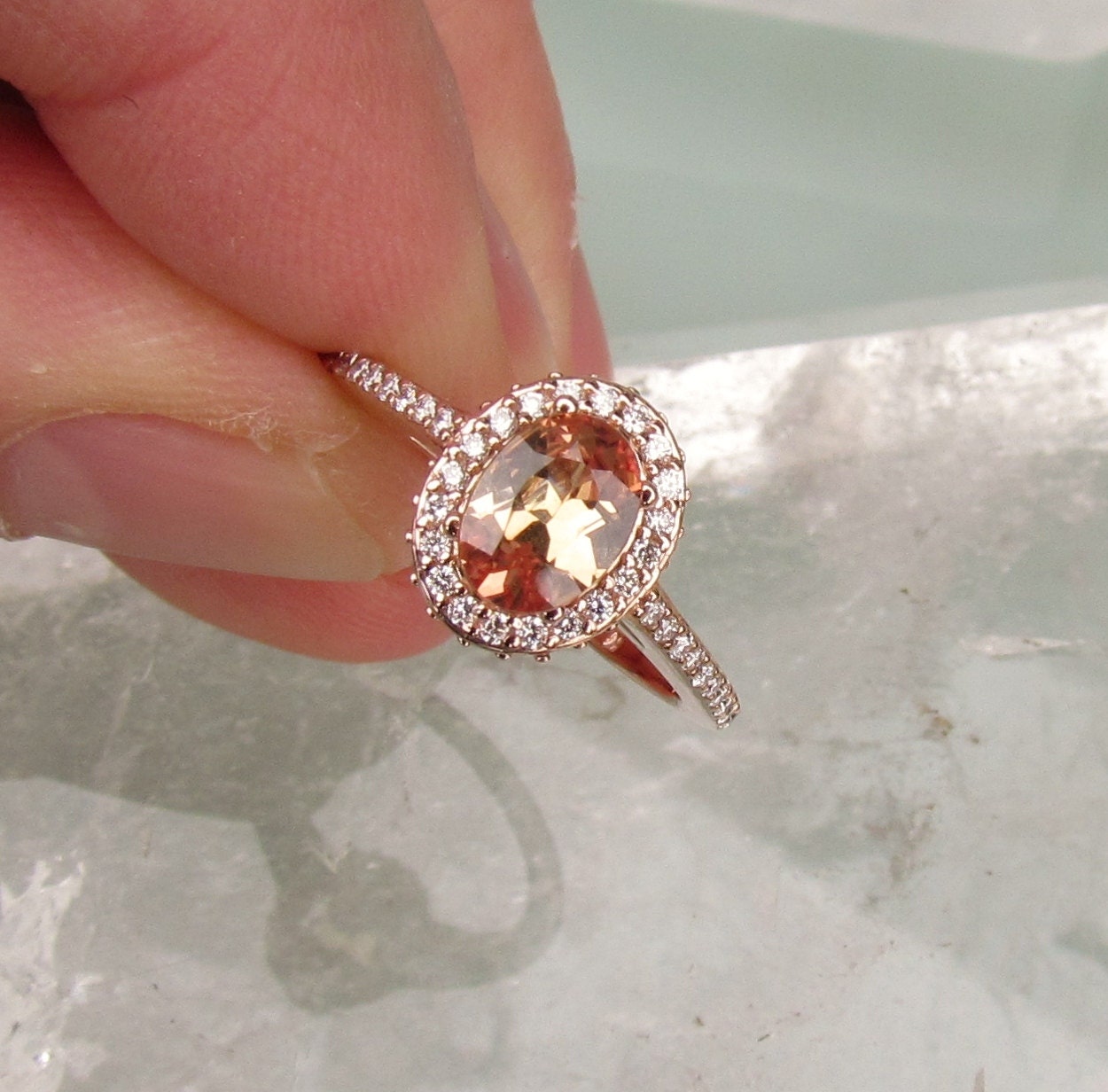 RESERVED Final Installment Payment 7 x 5 Peach Champagne Sapphire 14k Rose Gold Diamond Halo Engagement Ring Morganite Alternative