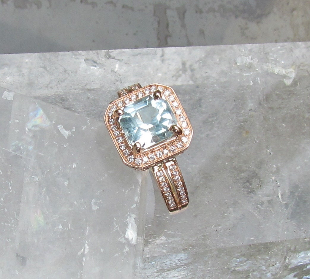 Aquamarine  Asscher Cut 14k Rose Gold Diamond Halo Ring with Double Shank Gemstone Engagement Ring Wedding Anniversary