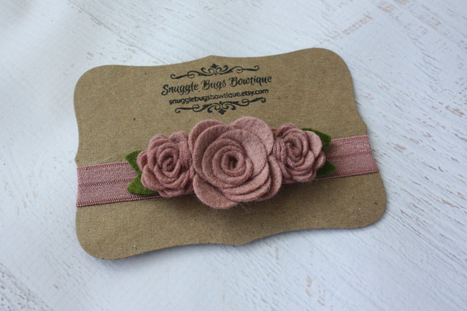 Cameo Pink Wool Felt Flower Headband - Trio of  Roses  - Newborn Baby to Adult - 5/8 inch Satin Elastic