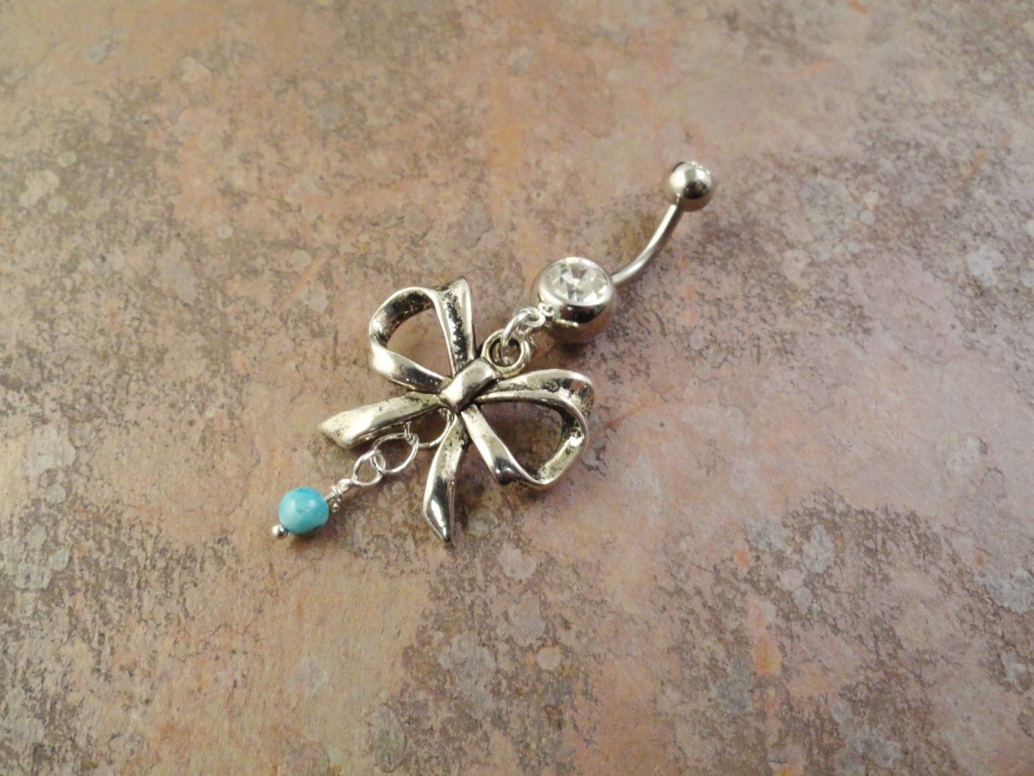 Antiqued Silver Bow Belly Button Ring with Turquoise