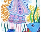 Jellyfish ORIGINAL Painting Watercolor Gouache Ocean Sea Creatures Nautical Illustration Nursery room decor SALE Kids Baby Boy Girl