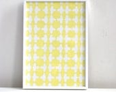 Lemon yellow Islamic art pattern print, handmade original print in yellow and white