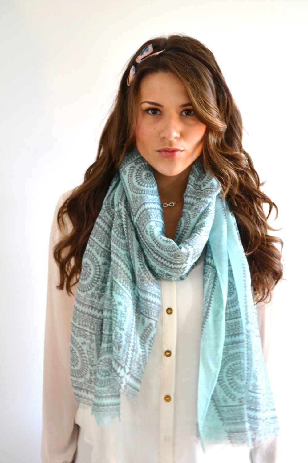 MINT Green Pyramid Egyptian Symbols Print Tribal Aztec Ikat Scarf Wrap Shawl Aqua Women's Fashion Accessory