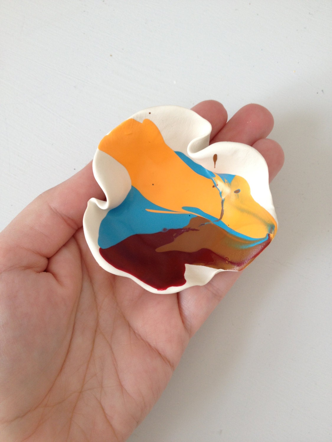 Southwestern Santa Fe inspired handpainted polymer clay decorative bowl, tangerine, crimson, raw sienna, turquoise, home decor