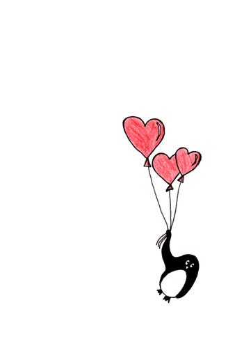 Whimsical Penguin Drawing - Cute Penguin with Heart Balloons - Floating on Love