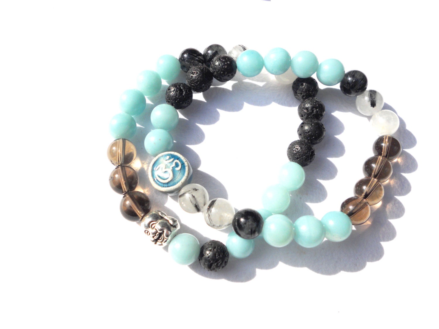 Meditation Bracelet Set - Ohm, Buddha Bracelets - Amazonite, Smokey Quartz, Gemstone - Genuine Healing Crystal Jewelry, Yoga Bracelet