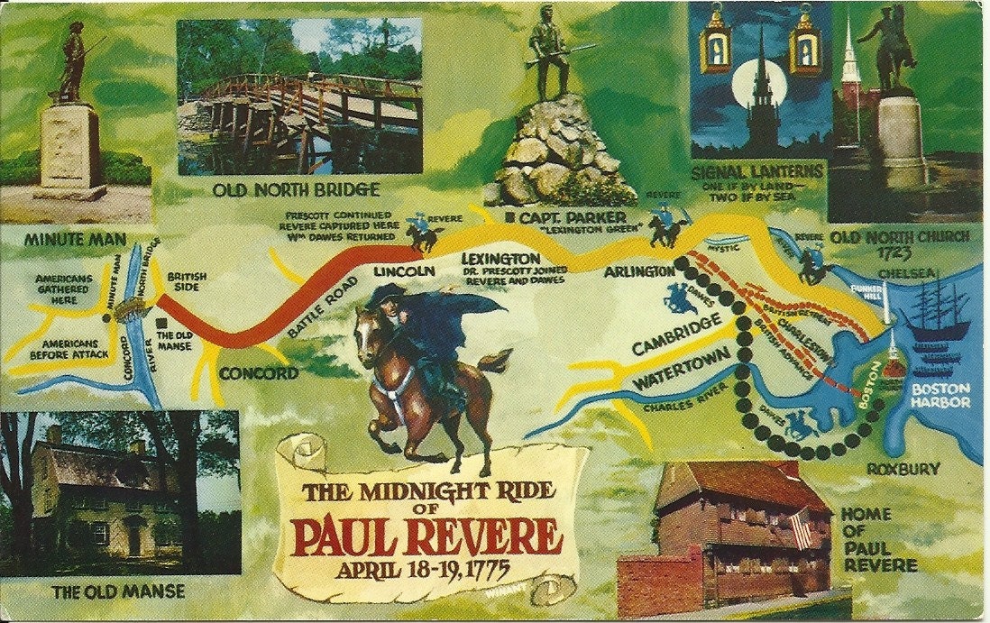 Vintage Postcard The Midnight Ride of Paul Revere Boston -  Map - 1970s