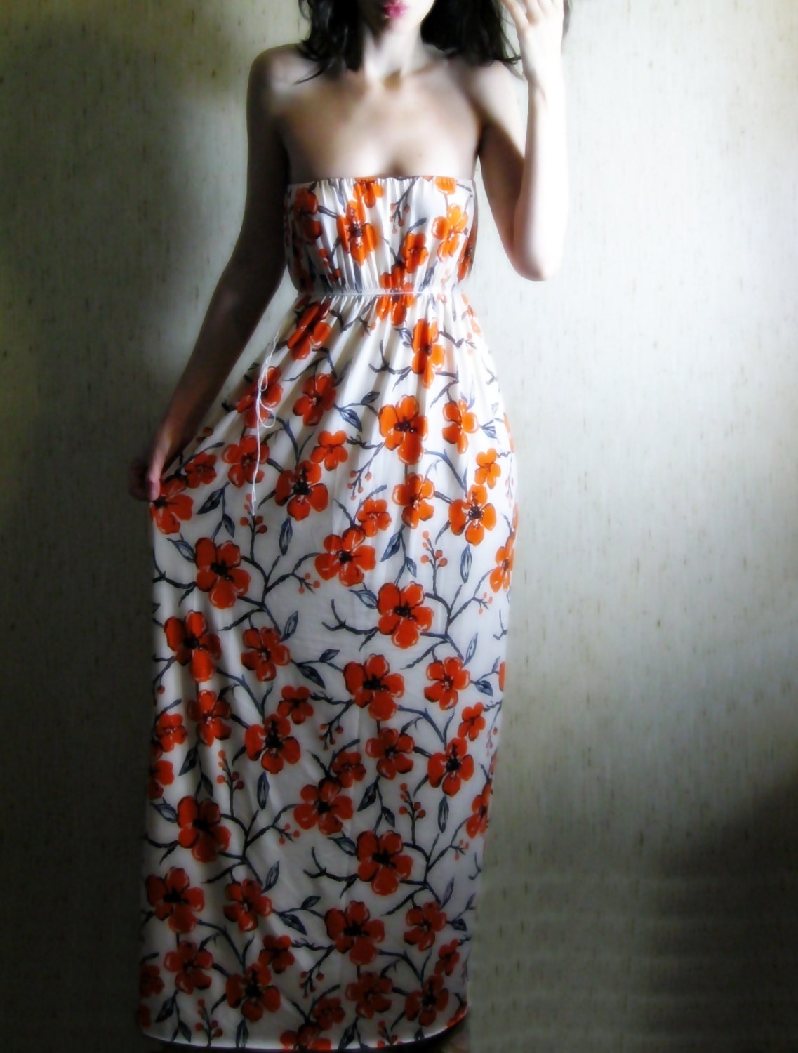 under the orange trees - gorgeous eco friendly modal strapless floral hippe boho maxi dress small