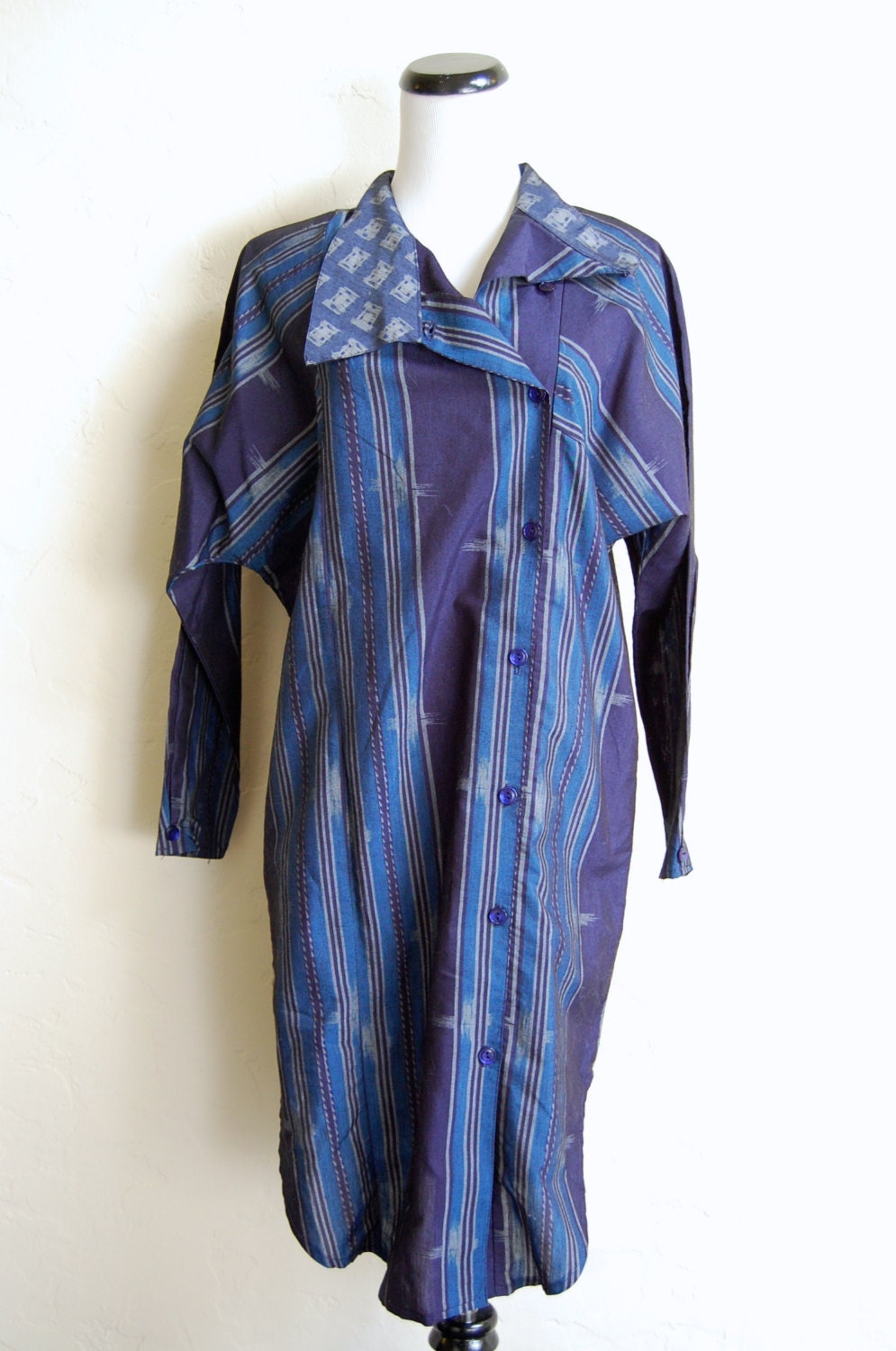 Vintage 80s Eber New Wave Ikat Foldover Neck Dress