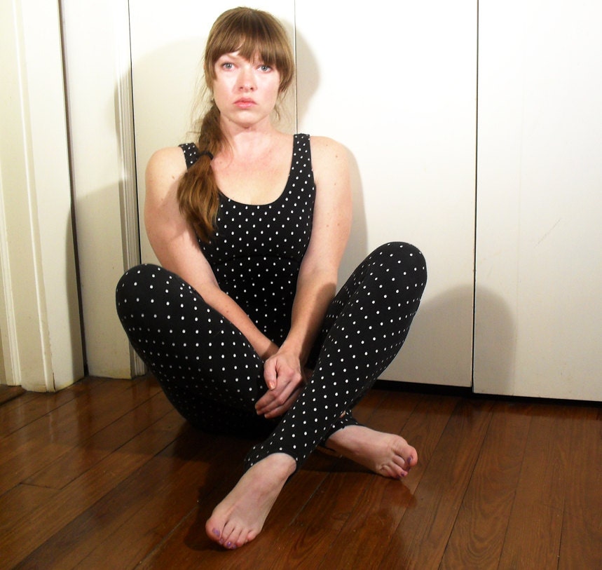 Black and White Polka Dot Catsuit 1980s Full Body Leotard Stirrup Leggings Workout Dance
