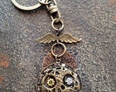 Keychain,Skull and Wings, Leather and Metal,Steampunk Rocker Style