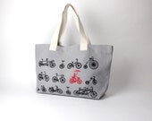Grey Cotton Canvas Tote  - "Bike Galore" Design In Black & Red
