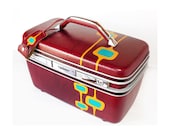 Train case, hand painted, mid century modern, Samsonite, red, burgundy, mod, atomic, retro, a fun vintage beauty
