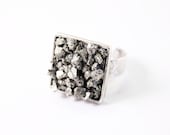 Silver ring: pyrite square ring adjustable gemstone jewelry stone gray