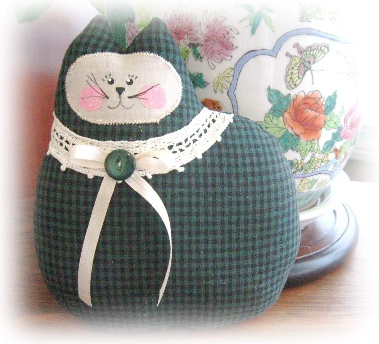 Cat Pillow Doll, Cloth Doll 7 inch Dark Green Black Check , Primitive Soft Sculpture Handmade CharlotteStyle Decorative Folk Art