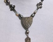 Rhinestone Religious Fleur de Lis Necklace, Vintage Repurposed Dress Clip, Sterling Silver Catholic Medal, Pearl, Camphor Glass