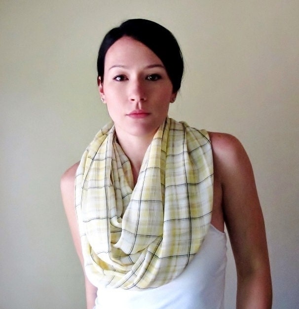 Sheer Infinity Scarf - Plaid Circle Scarf - Chunky Chiffon Loop Scarf - Lightweight Scarf - Yellow Plaid