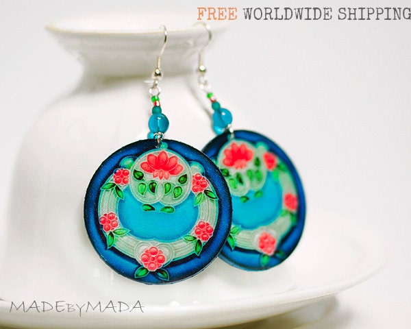 Blue & Mint Dangle Earrings Free Shipping Round decoupage earrings Art Nouveau Ornament , gift for her under 25